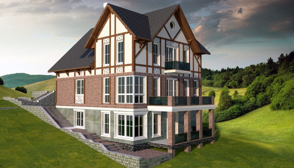 Пример посадки дом на участке с большим уклоном.