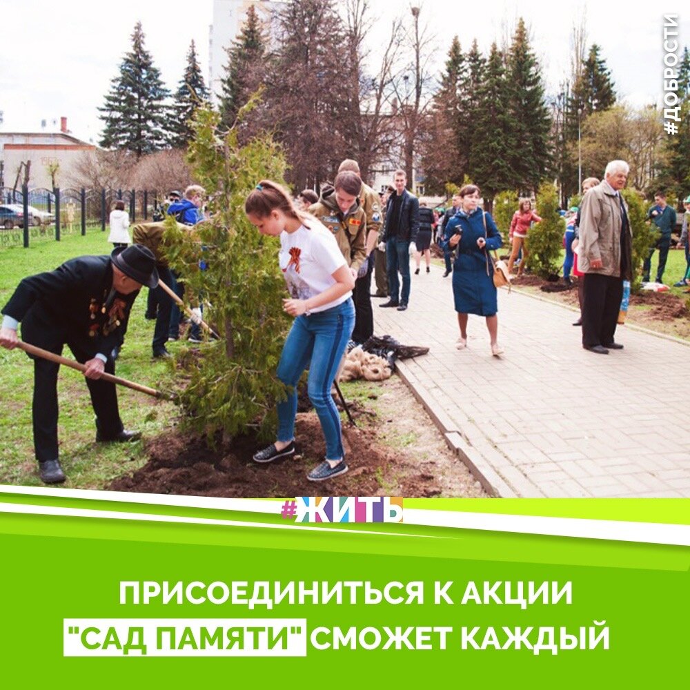Рубрика "Добрости" ❤️😁

ПРИСОЕДИНИТЬСЯ К АКЦИИ "САД ПАМЯТИ " СМОЖЕТ КАЖДЫЙ

Международная акция "Сад памяти", приуроченная к 75-летию Великой Победы, будет проходить на всей территории России с 18 марта по 22 июня. О том, как посадить дерево в честь героя, отдавшего жизнь за родину, рассказали ее организаторы – всероссийское общественное движение "Волонтеры Победы" и Фонд памяти полководцев Победы – на пресс-конференции в МИА "Россия сегодня".

Для того чтобы присоединиться к "Саду памяти", нужно зайти на официальный сайт акции садпамяти2020.рф. Также в социальной сети "ВКонтакте" работает специальное приложение, где размещена вся необходимая информация.

Далее необходимо выбрать регион и ближайшую точку высадки, где можно узнать дату, время проведения акции и контакты для связи. Кроме того, на сайте есть возможность зарегистрироваться и рассказать, кому посвящается дерево, чтобы получить электронный сертификат.

Первые "Сады памяти" появятся в Севастополе, Феодосии, Керчи, Грозном, Новороссийске, Владикавказе, Моздоке 18 марта. После инициативу поддержат и в других регионах. Особое внимание ей уделят в городах-героях и городах воинской славы. Для помощи в акции уже подготовлены 25 тысяч волонтеров Победы.

Самое главное – сохранить память об ушедших. Если память пропадет, будет неправильно.

#жить #проектжить #добрости