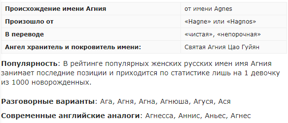 Женское имя Агния имеет, предположительно, греческое происхождение. Произошло от женского имени греков «Agnes».