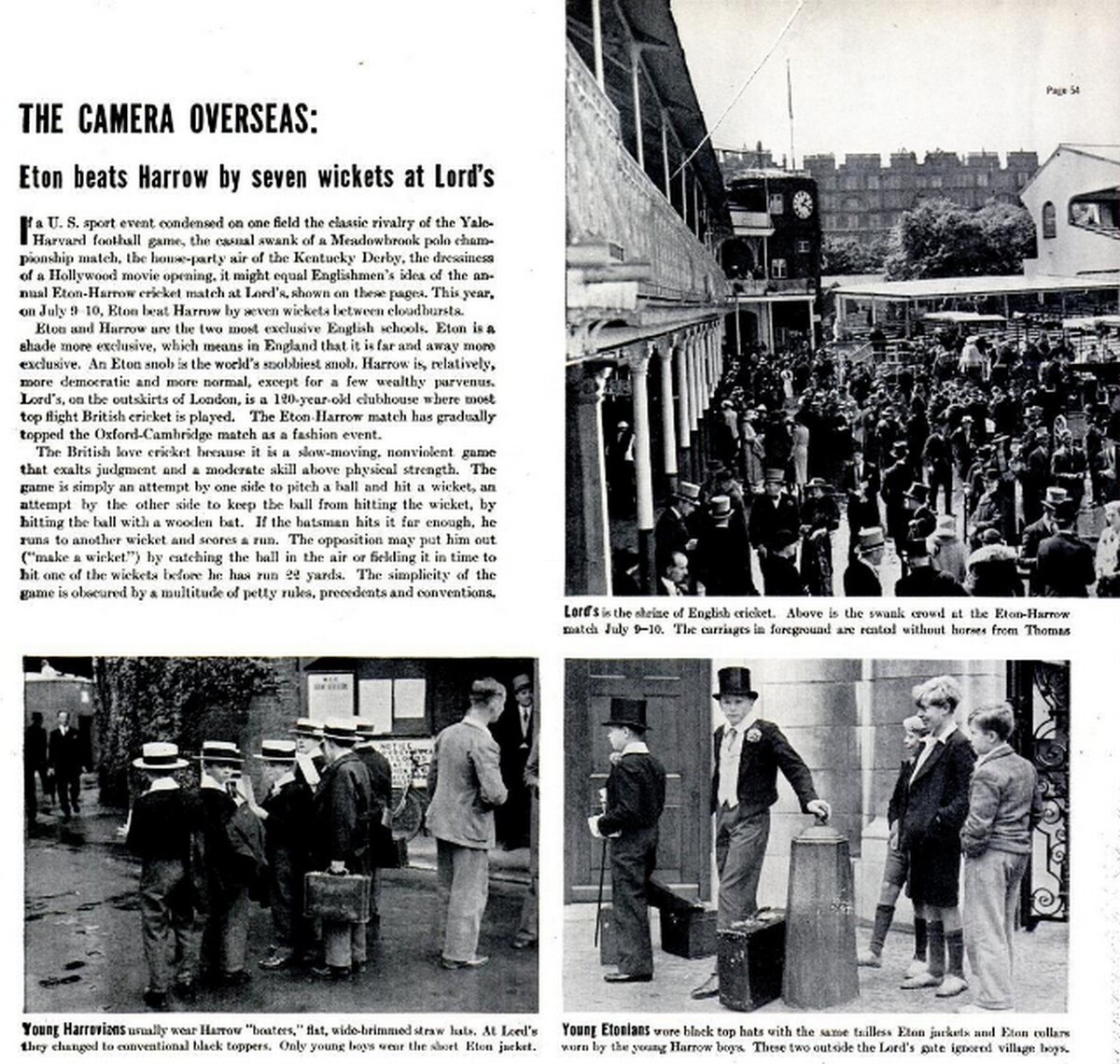 Страничка из журнала LIFE за августа 1937 года, посвященная тому самому матчу в крикет, бывшему полноценным светским мероприятием. 