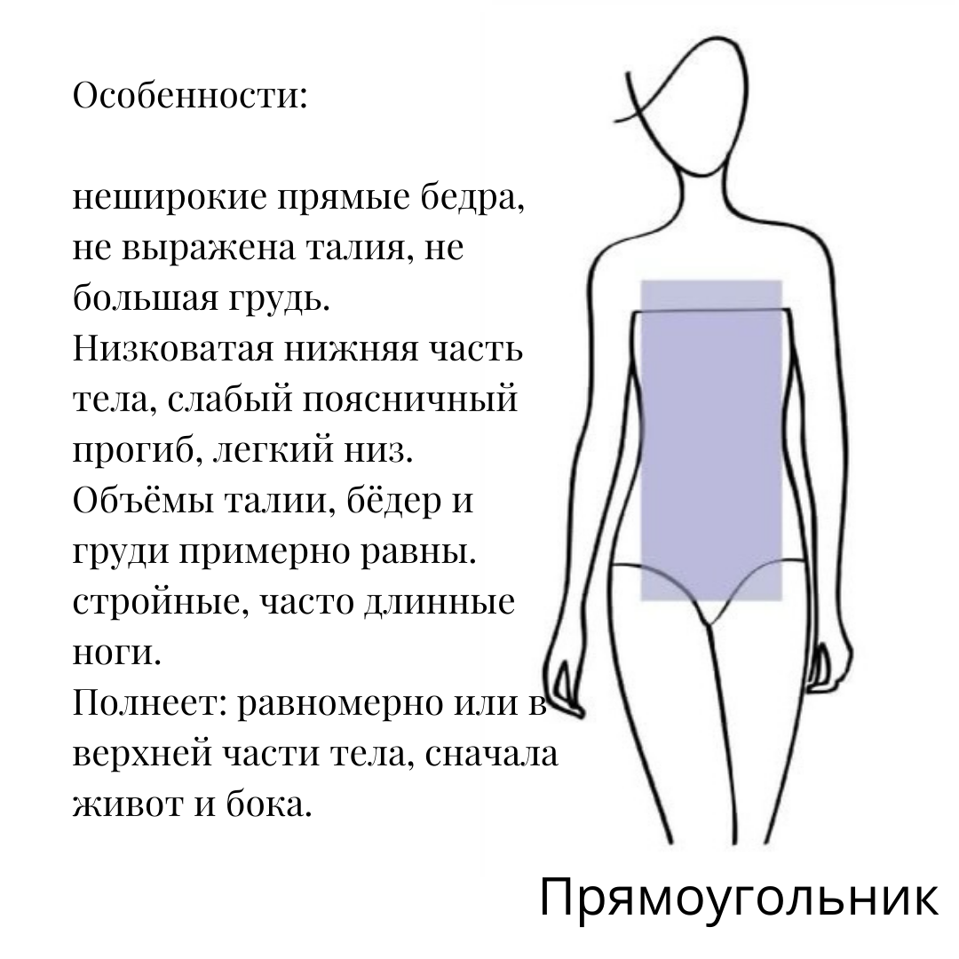 Чаще всего в современном мире встречается прямой тип фигуры-усредненный, спортивный. (Т.к. женщины не рожают теперь много детей, их бедра стали уже)
Прямоугольник 
Задача: фигура «прямоугольник» считается модельной и самой универсальной. Можно носить всё что угодно, нужно лишь быть аккуратной с элементами романтического стиля, силуэтом New Look. 
Хорошо работают: Прямые линии кроя. Без акцента на линию талии, если талия прорисовывается, слегка полуприталенный силуэт. Юбки и брюки лучше носить с заниженной линией талии. 
Ткани, которые легко держат форму плотная пальтовая, твид, габардин , гобелен, парча, хлопковый бархат, флис, вельвет, тафта, органза.

Противопоказаны:
— акцент на талии
