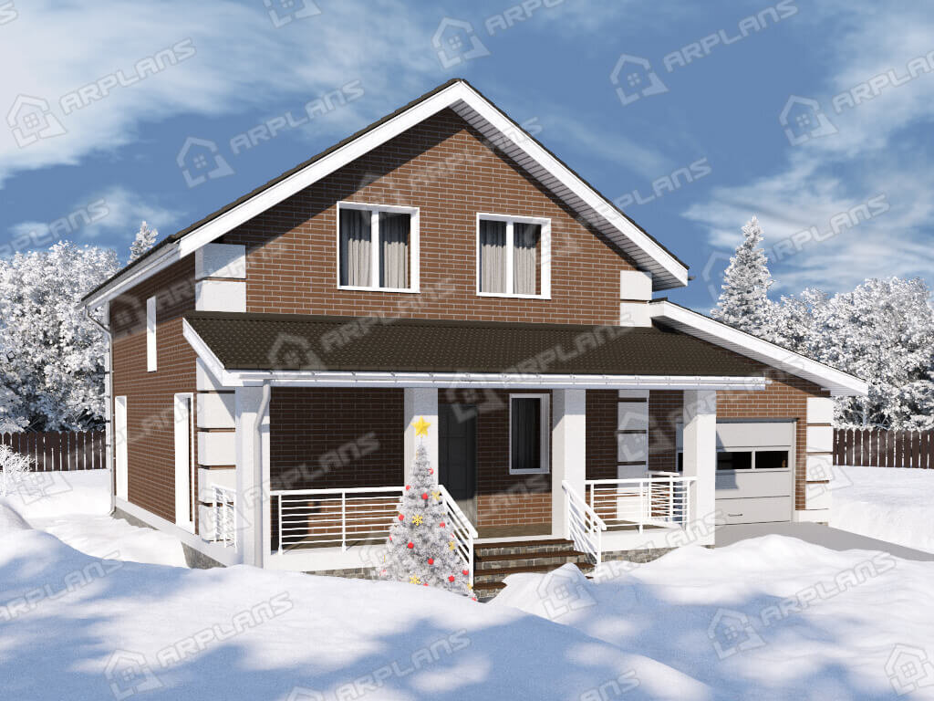 Фото 2 двухэтажного дома из блоков с мансардой, 4 спальнями, гостевой,  газовой котельной, террасой и гаражом. Полезная площадь 160 кв м. Источник arplans.ru Проект К-277