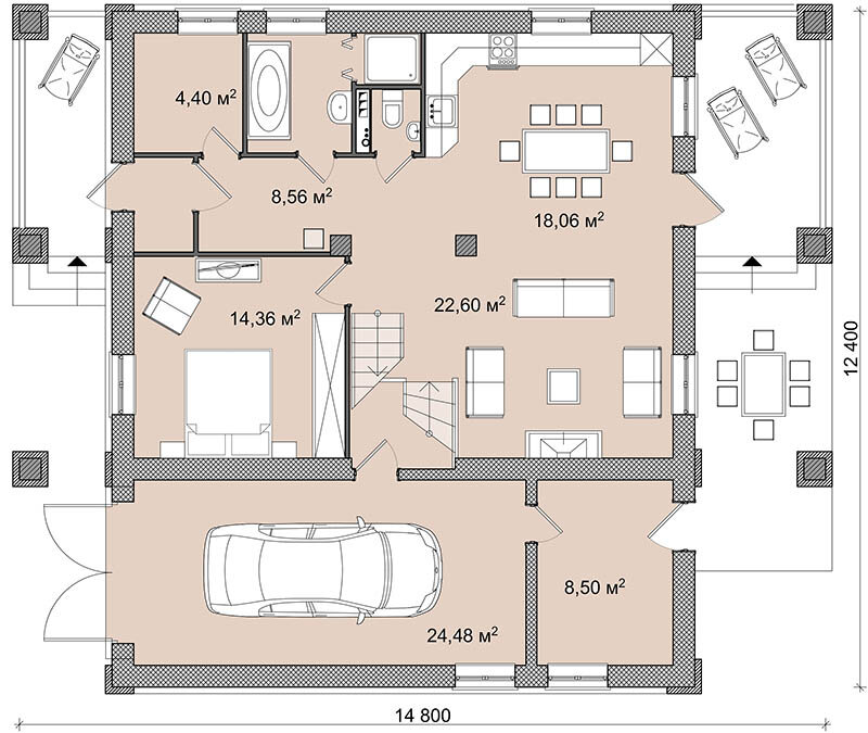 На первом этаже спальня родителей, санузел и сауна (или кладовка), гостиная и кухня - столовая. В пристройке удобный просторный гараж с проходом в котельную (кладовую).