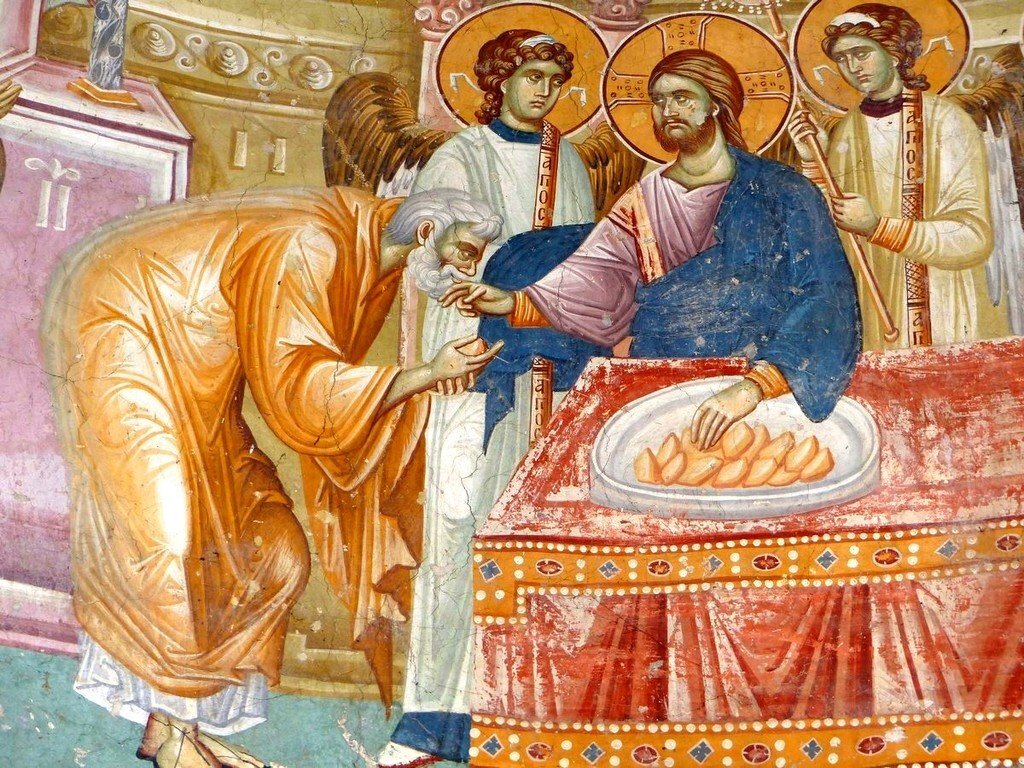 Евхаристия (Причащение Апостолов). Фреска церкви Святого Георгия в Старо Нагоричино, Македония. 1316 - 1318 годы. Иконописцы Михаил Астрапа и Евтихий. Фрагмент. Источник: https://fotoload.ru/foto/338464/