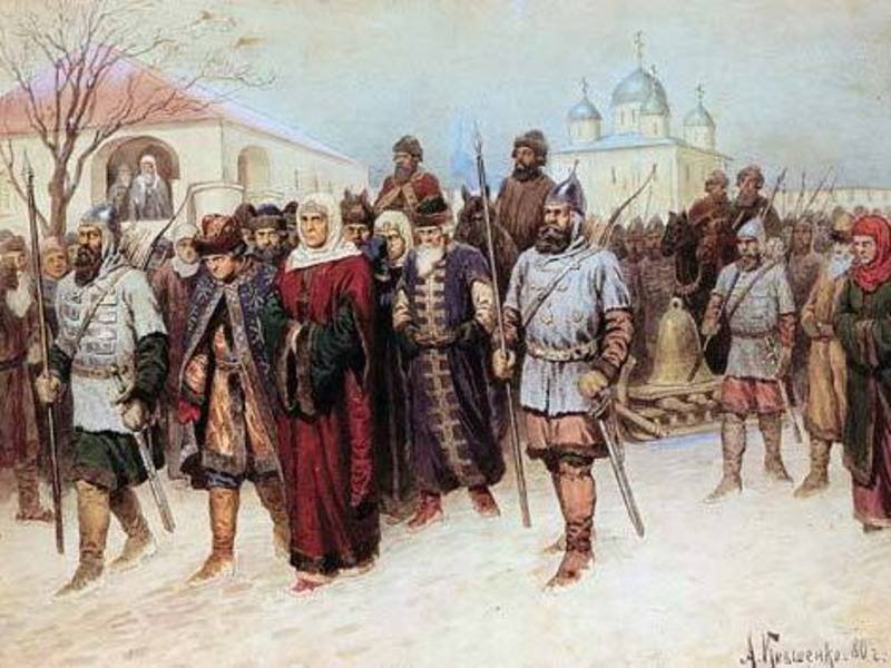 Присоединение Великого Новгорода. Высылка в Москву знатных и именитых новгородцев. Художник Алексей Кившенко, 1880.