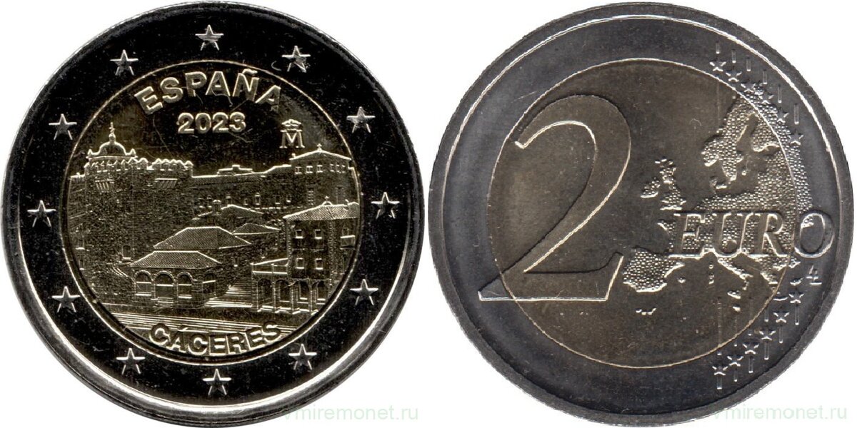 Наследие Юнеско: Касерес. 2 евро 2023, Испания. Биметалл, вес 8.5 г, диаметр 25.75 мм.