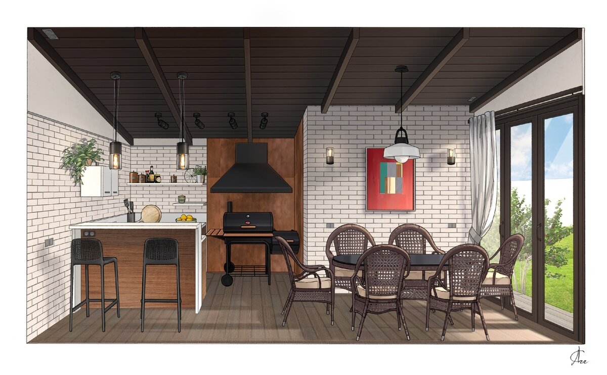 Эскиз кухни. Это чертёж в масштабе и цвете. Посмотрите, что получилось в реале.