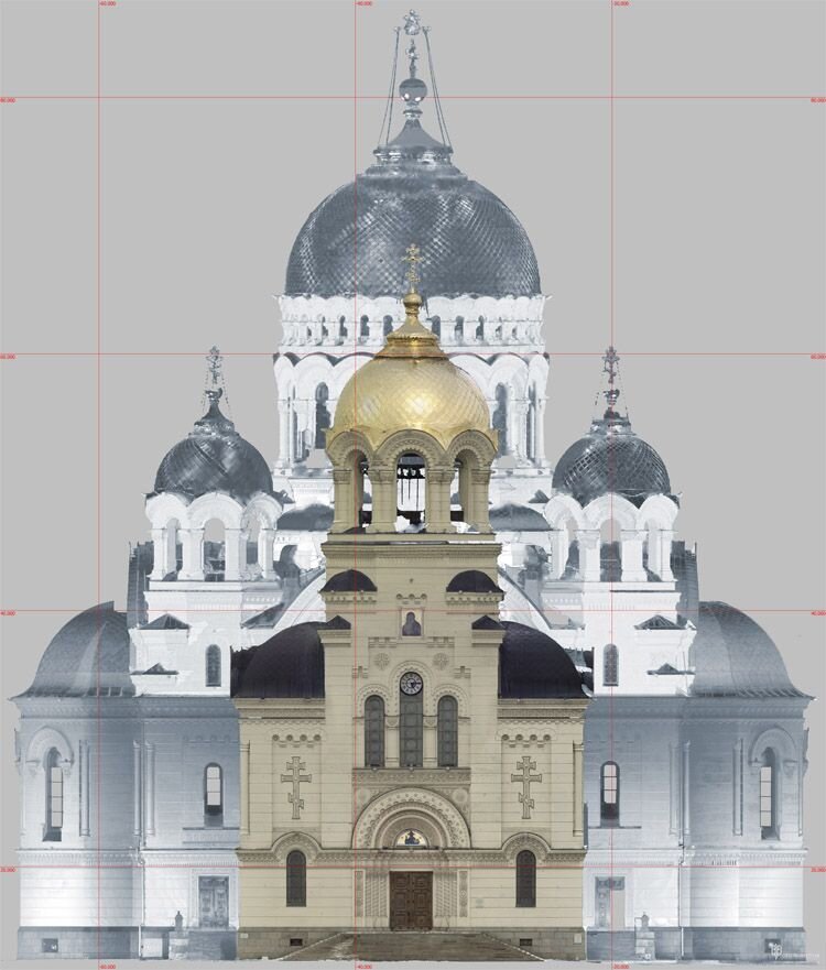 Результат выполнения обмерных работ сотрудниками компании НПП "Фотограмметрия" (трехмерного лазерного сканирования и цифровой фотограмметрической съемки) - цветной ортофотоплан фасада Кафедрального собора в Новочеркасске.
