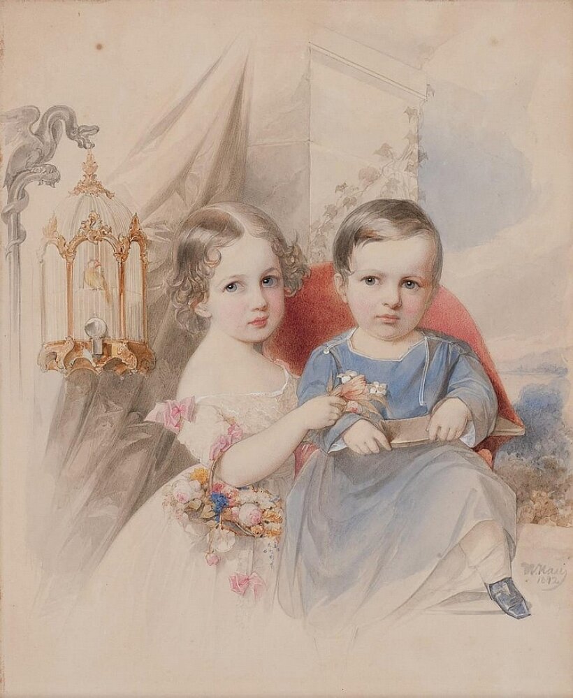 акварель  В. И Гау, изображающая двух детей. Вероятно, это  Лина и Никса, старшие дети Александра Второго.