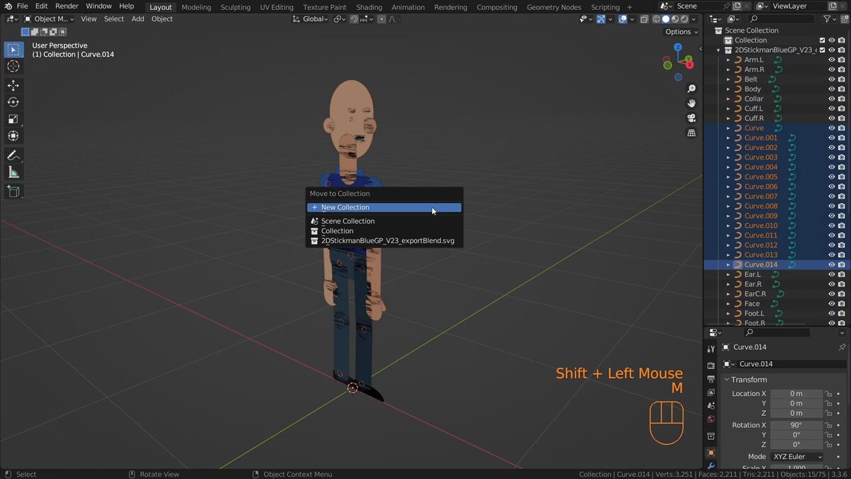 Выделенные объекты в Outliner и меню создания нового слоя