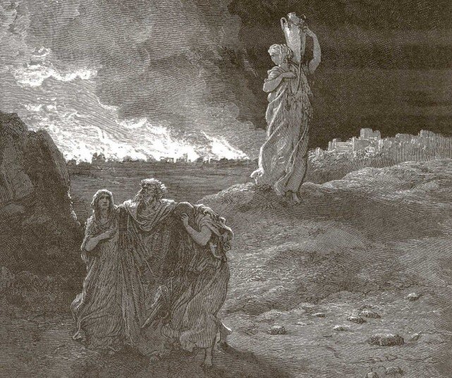 Гюстав Доре. «Семья Лота покидает Содом». Гравюра, 1877 г.
