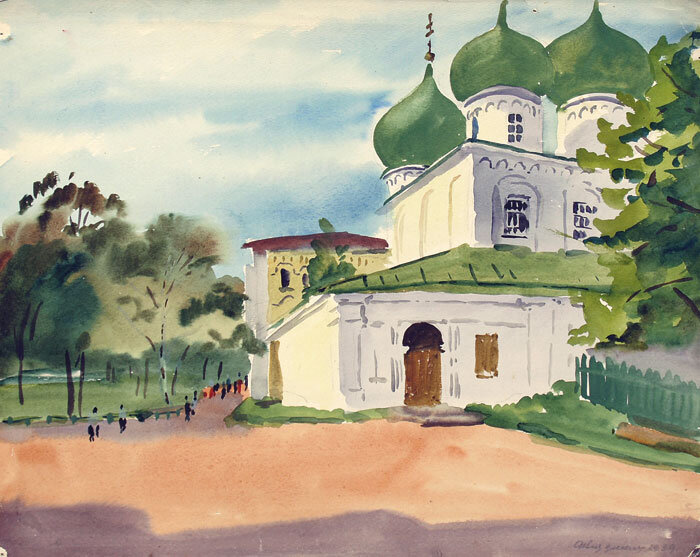 Александр Ведерников. Псков. Пейзаж с церковью. 1939