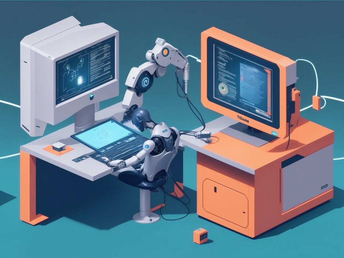 Иллюстрация, демонстрирующая компьютер, сканирующий и анализирующий учебные задания