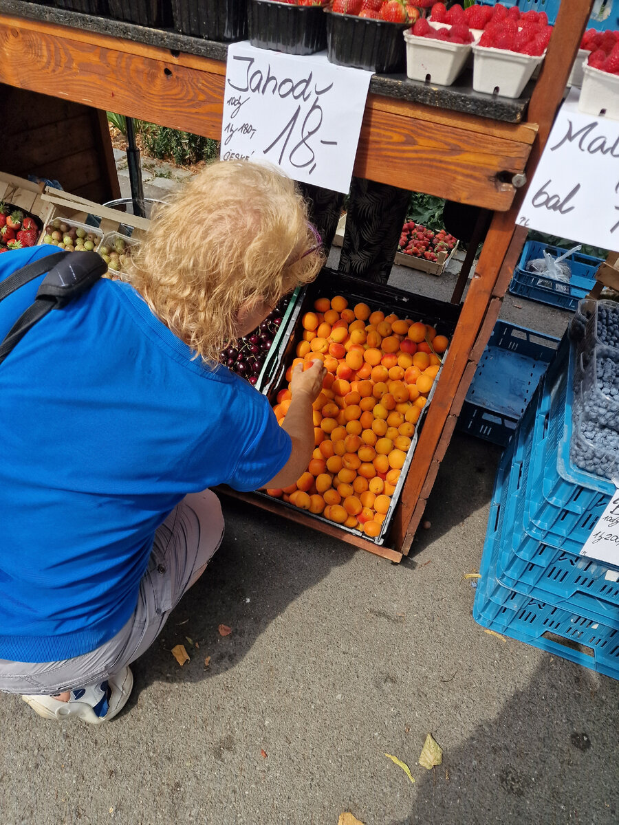Фото автора: польские фрукты, покупательница выбирает абрикосы, тут 18 крон за клубнику, это за 100 грамм цена