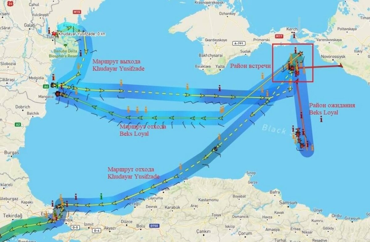 Хакеры RaHDit опубликовали маршруты судов, с которых могли запустить катера-дроны по Крымскому мосту. Для удара могли использовать два танкера — Beks Loyal и Khudayar Yusifzade.-2