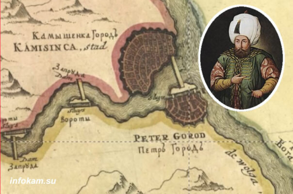    Селим и карта времён Петра Великого с указанием канала и Камышина
