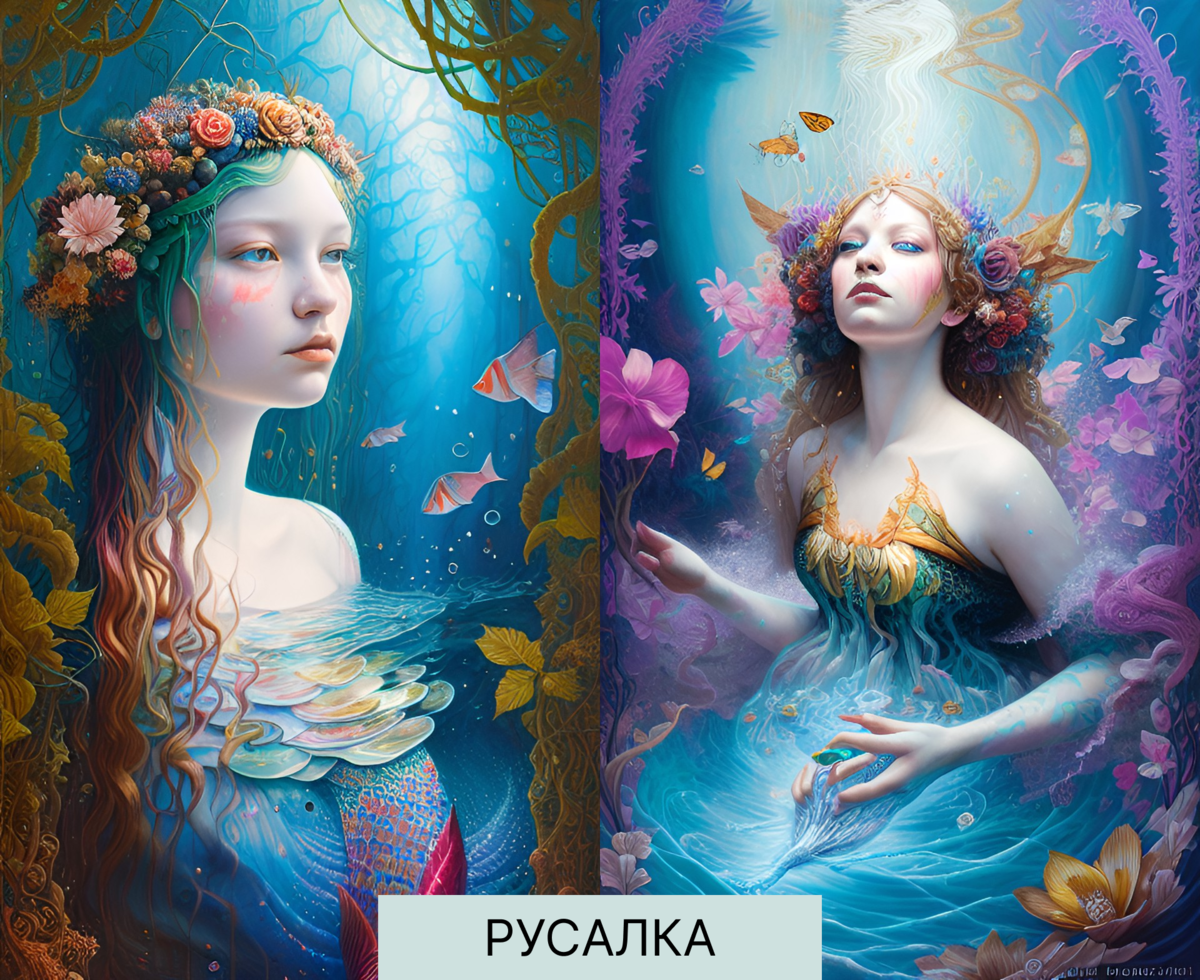 Русалки в русских сказках - это прекрасные, но коварные нифмы, оберегающие леса, поля и реки. Представляли из себя красивых девушек, не всегда одетых, но тут получилось компромиссное изображение с учетом цензуры.