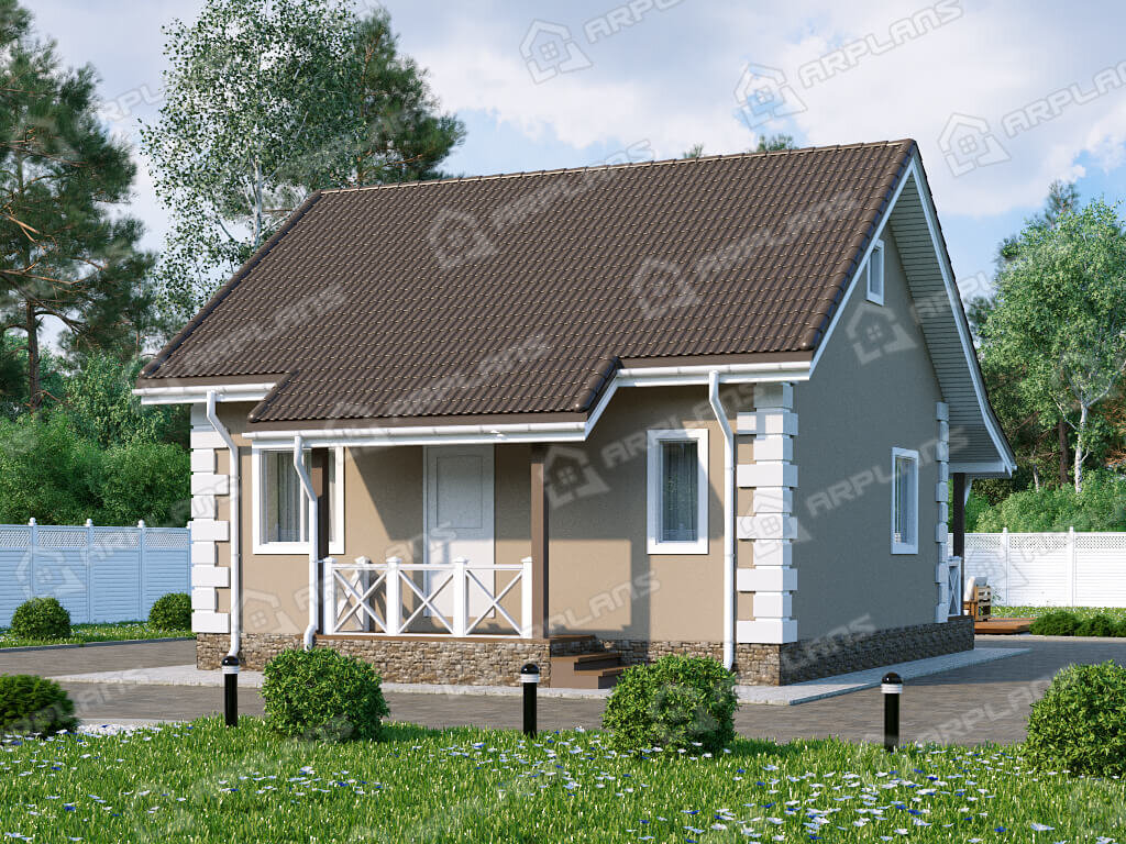 Фото 2 одноэтажного дома из газобетона с 1 спальнями и террасой. Общая площадь до 100 (69) кв м. Источник arplans.ru Проект К-331 