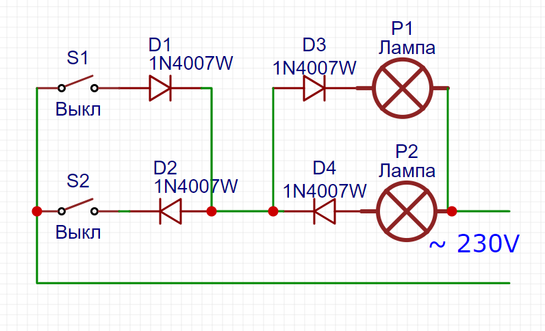 Как сделать электрическую схему Простейшая схема для освещения лестниц и коридоров в частном доме по двум провод