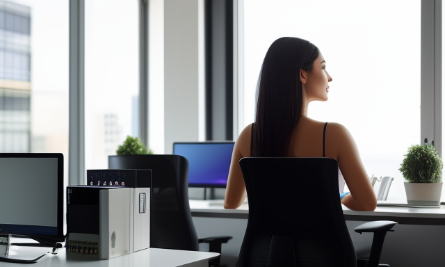 Картинка сгенерирована нейросетью Dezgo по запросу "Create a woman of European appearance who works at a computer in the office. View from the back".