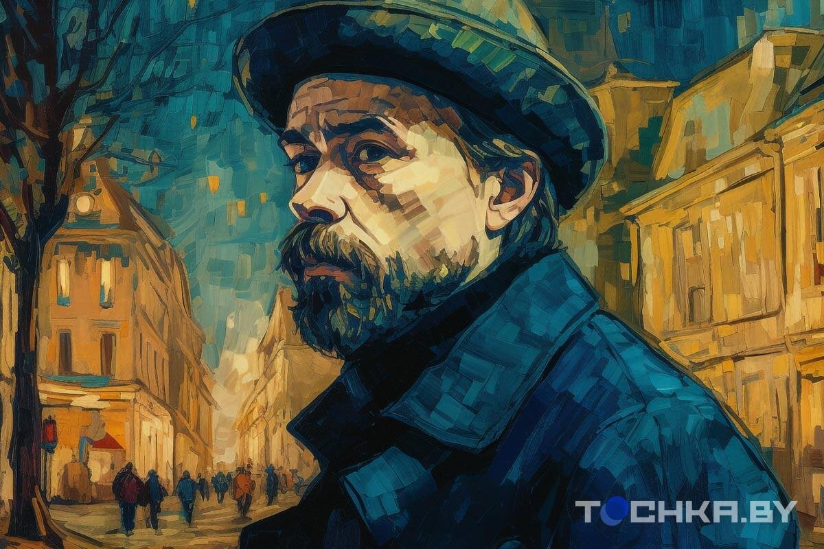    Мужчина на минской улочке в стиле Винсента Ван Гога. Изображение сгенерировано нейросетью Midjourney