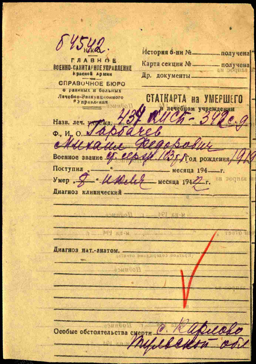 1942 год, карточка на умершего. Горбачёв Михаил Фёдорович