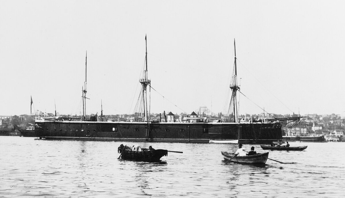 The Ottoman ironclad Mesudiye. Photographed at Constantinople with AVN -1 ILAH in the background. Photo received by ONI in April 1894.