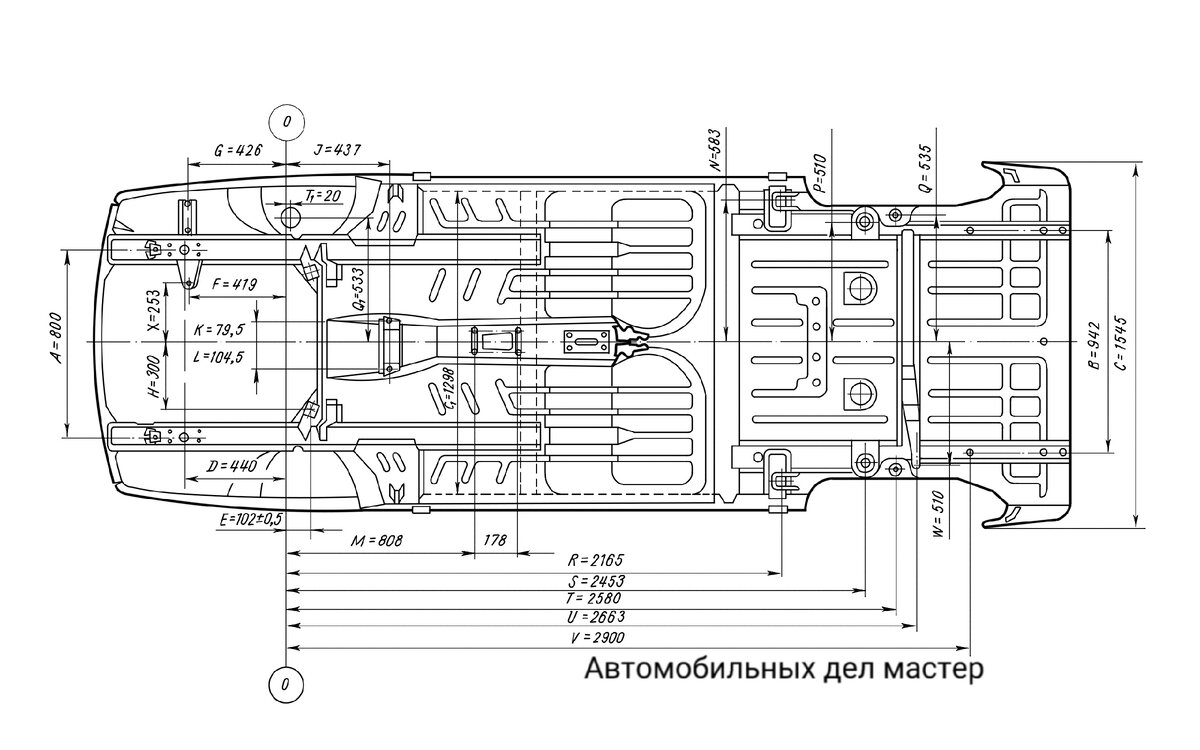 Рис. 1. Основные контрольные точки присоединения различных узлов автомобиля к основанию кузова: O – O – базовая линия (ось передних колёс); A, D – координаты контрольных точек лонжеронов рамы; B, V – то же, лонжеронов пола; G – габарит наставок пола; E, H – то же, геометрического центра нижнего кронштейна передней подвески; K, L, J – то же, крепления задней опоры силового агрегата; M – то же, крепления механизма переключения передач; N, R – то же, геометрического центра кронштейна рычага задней подвески; P, S – то же, пружины задней подвески; Q,  T – то же, крепления амортизаторов задней подвески; U, W – то же, геометрического центра кронштейна поперечной реактивной тяги; Q1, T1 – то же, крепления стоек передней подвески; C1 – расстояние между порогами пола.
