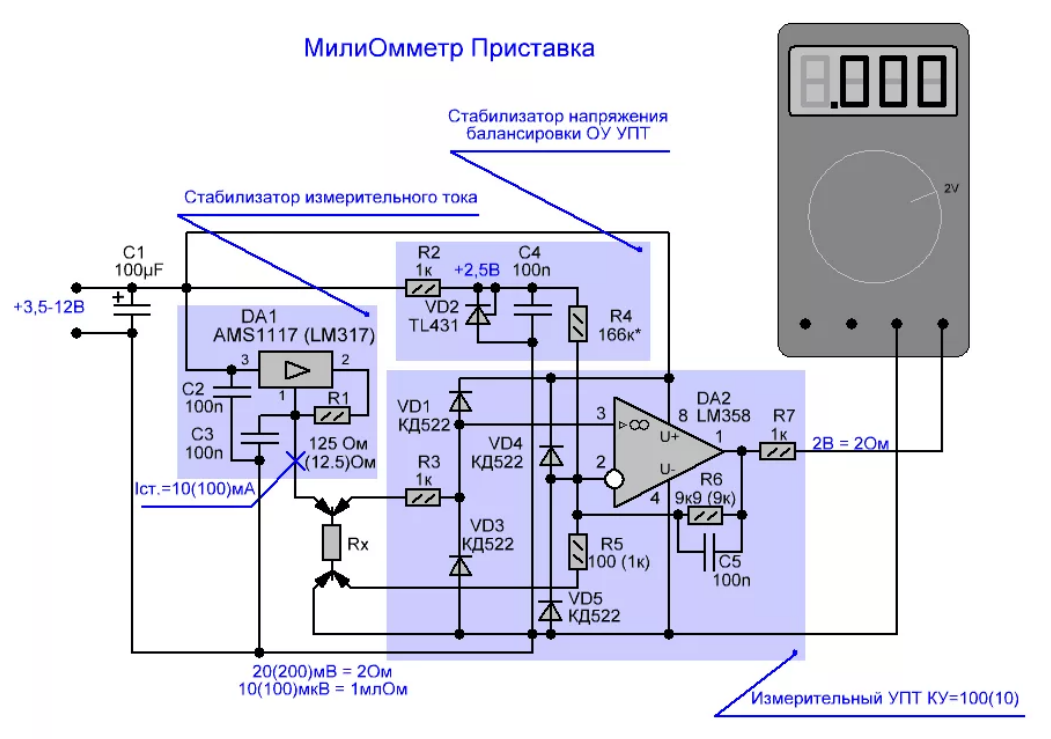 Схема малых сопротивлений. Схема приставки к мультиметру для измерения малых сопротивлений. Приставка к мультиметру омметр схема. Приставка измеритель малых сопротивлений для мультиметра. Схемы приставок к мультиметру для измерения миллиом.