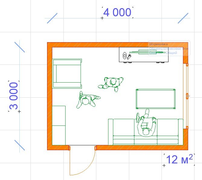 Вариант 2 гостиной 12 м.кв. - окно и дверь расположены в смежных стенах - дверь в широкой, окно в узкой. Диван и телевизор расположены вдоль узкой части комнаты - иначе не получится, так как либо диван будет перекрывать доступ к окну и радиатору под ним, либо телевизор перекрывать окно. 