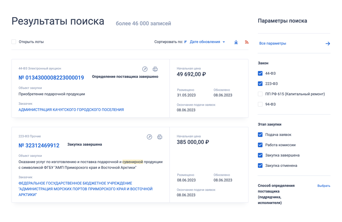 Так выглядит список закупок по ключевому слову «сувенир». С помощью фильтров можно найти актуальные закупки или посмотреть уже завершенные