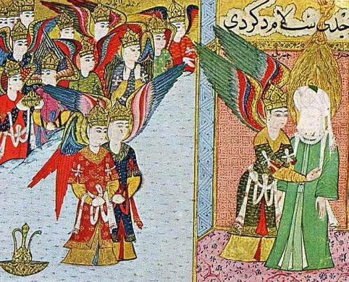 Пророки ангелы. Мухаммед и Архангел Джабраил. Ангел Джибриль в Исламе. Пророк Мухаммед и ангел Джабраил. Ангел Джабраил в Исламе.