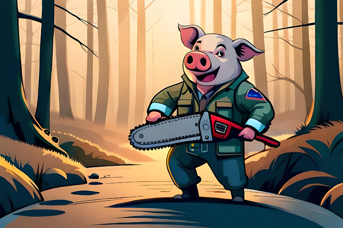 Злой свин с бензопилой. Нейросеть Blue Willow.