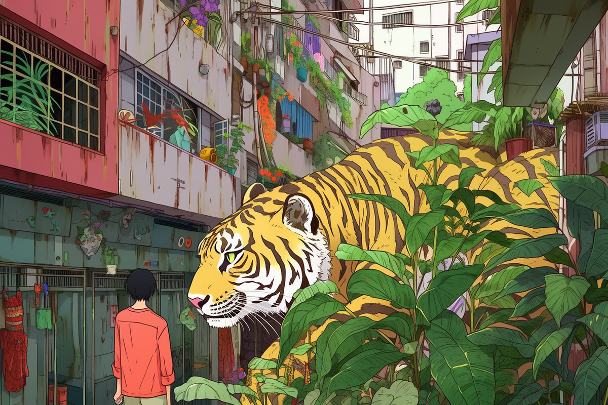 Текстовая подсказка: Tiger monster with monstera plant over him, back alley in Bangkok, art by Otomo Katsuhiro crossover Yayoi Kusama and Hayao Miyazaki --ar 3:2