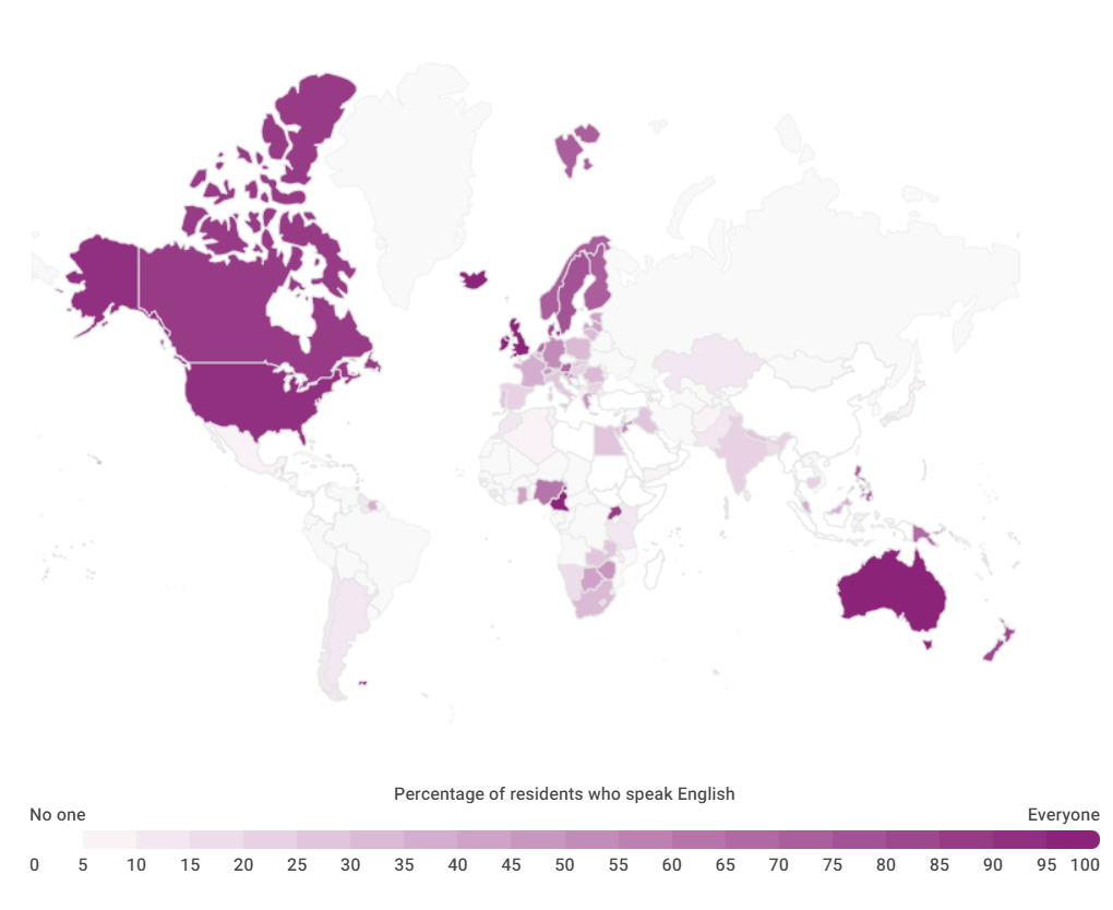 "https://www.ethnologue.com/insights/most-spoken-language/" 
Карта, где говорят на английском. Чем темнее фиолетовый, тем больше процент от жителей в стране, кто говорит на английском
