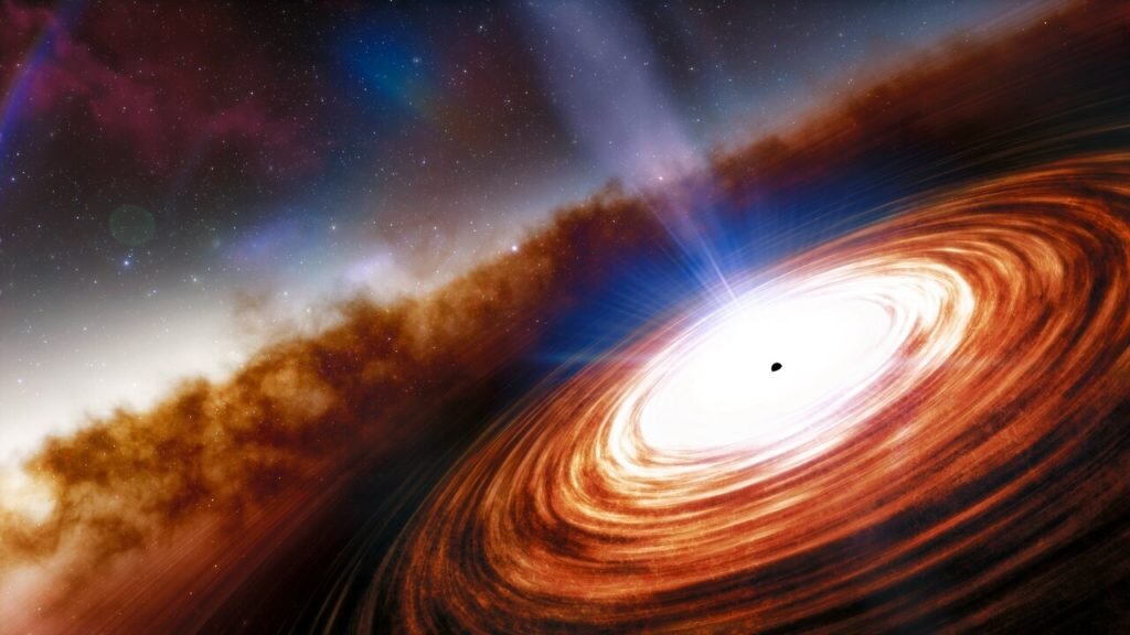    An artist’s impression of quasar J0313-1806 showing the supermassive black hole and the extremely high velocity wind. The quasar, seen just 670 million years after the Big Bang, is 1000 times more luminous than the Milky Way, and is powered by the earliest known supermassive black hole, which weighs in at more than 1.6 billion times the mass of the Sun.