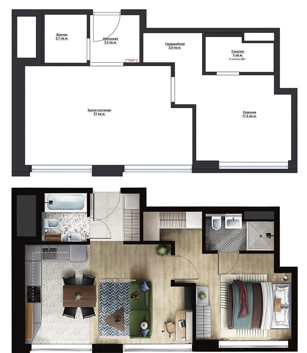 1-комнатная квартиры 44м² с гардеробом и двумя санузлами для молодой ...
