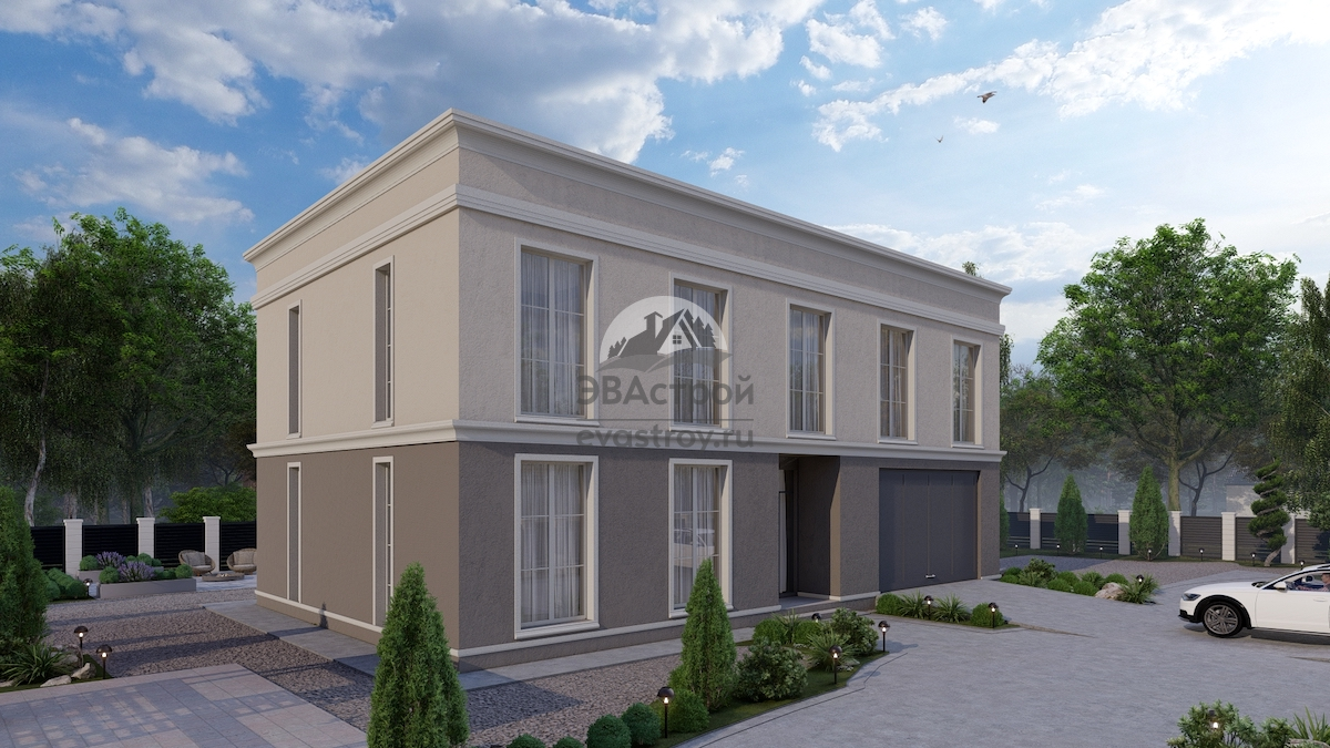 Проект двухэтажного дома 258 м2 с плоской кровлей, гаражом и мастерской - П196