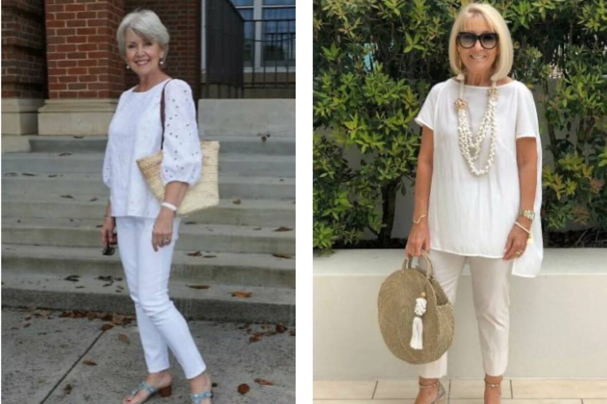 ФОТО 1 - давайте обсудим, что так, а что не очень в этих образах.  МОЁ МНЕНИЕ: На первом фото кипельно - белый удешевил весь образ. Мне нравится седой цвет волос, но одежда подчеркнула его не в ту сторону, сделав акцент на седине. На втором фото - отличный мягкий оттенок и цвет волос кажется таким же мягким, не желтым. Нравятся браслеты, бусы уже лишние. А ваше мнение?