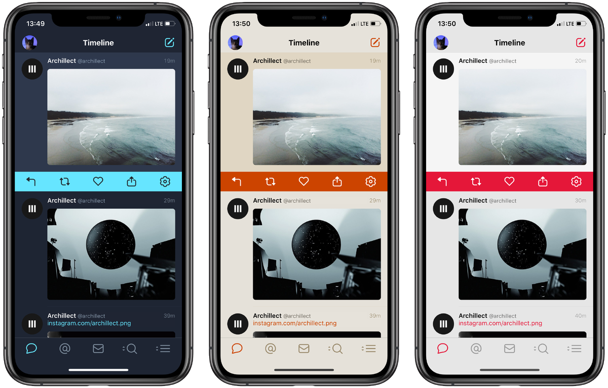 Три из семи тем оформления Твитботе для iOS