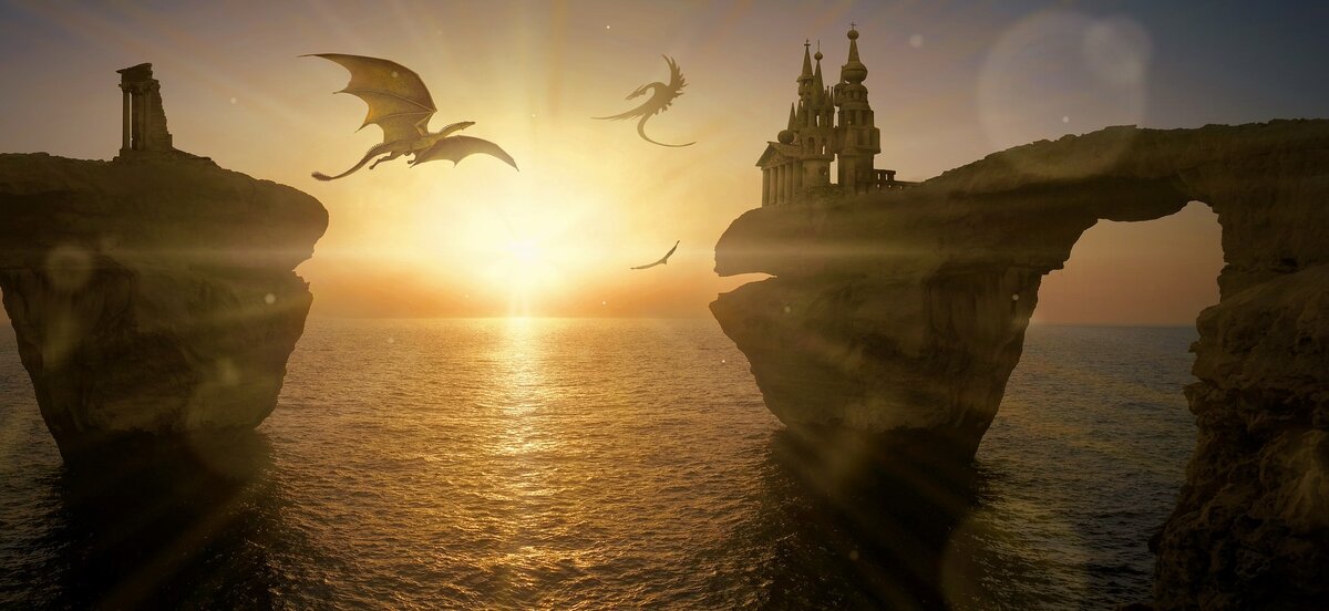 Изображение со стока https://pixabay.com/illustrations/fantasy-sun-sea-dragons-flying-4033001/#