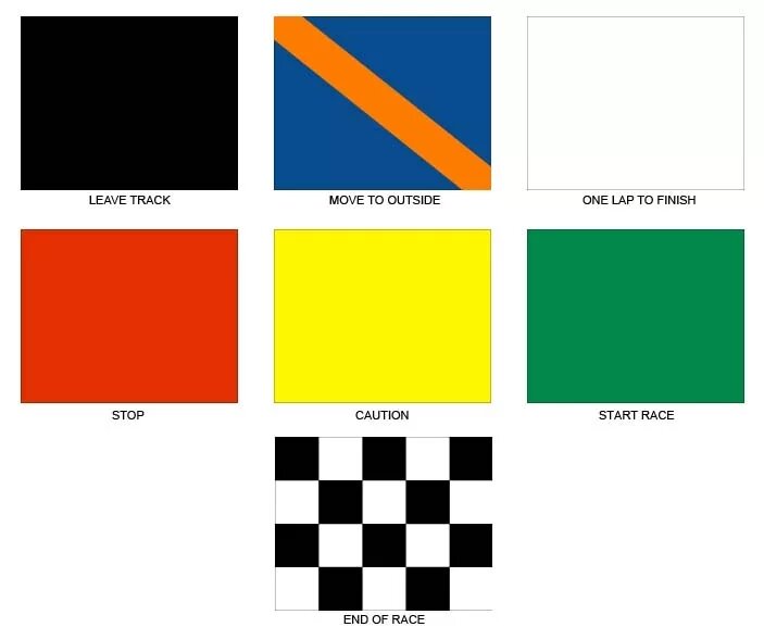 На фотографии изображено 7 флагов. В России на трассах, на практике, используются лишь четыре. 