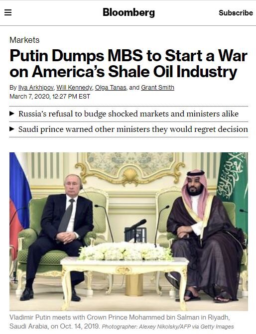 Коронавирусную атаку на мировые биржи и падение цен на нефть спровоцировал Путин, чтобы уничтожить американскую сланцевую отрасль. Теперь триллионы долларов, взятые на её развитие, превратятся в невозвратные долги и обнулят борьбу США за нефтегазовый рынок и сдерживание России. - Bloomberg