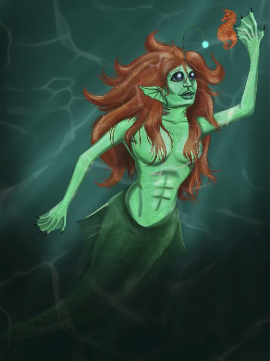 Добавила текстуру кожи, тени и "светлячка" на лбу, она дама глубоководная, всё же