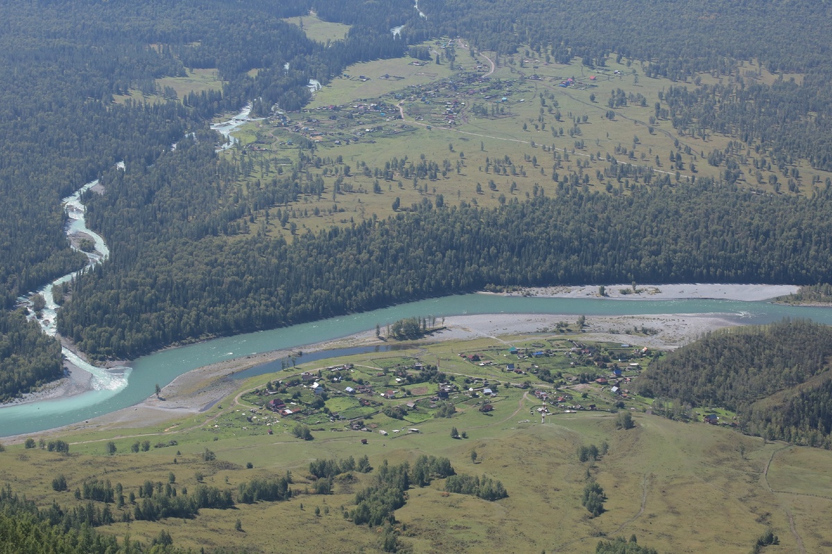 Село Тюнгур на переднем плане и село Кучерла на дальнем. От сюда начинается поход на Белуху.