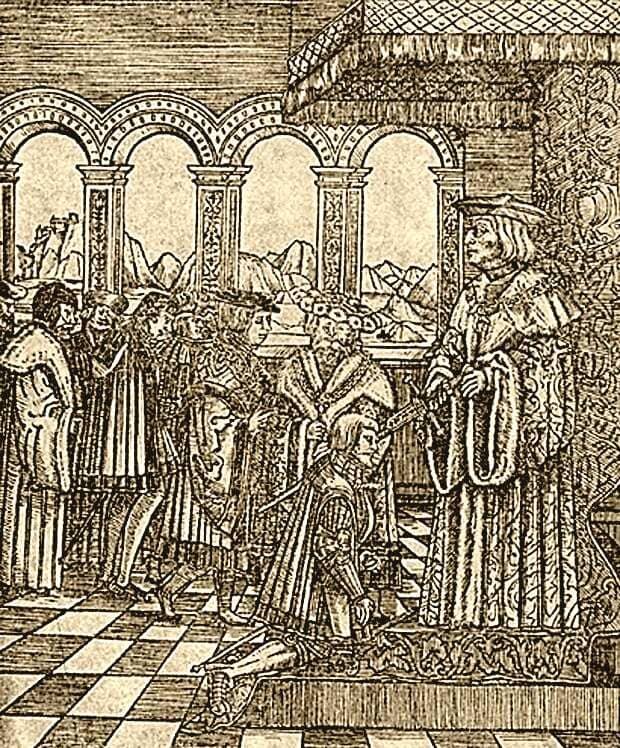 Посвящение С. Герберштейна в рыцари (Гравюра Московии» С. Герберштейна венского издания 1557 года)