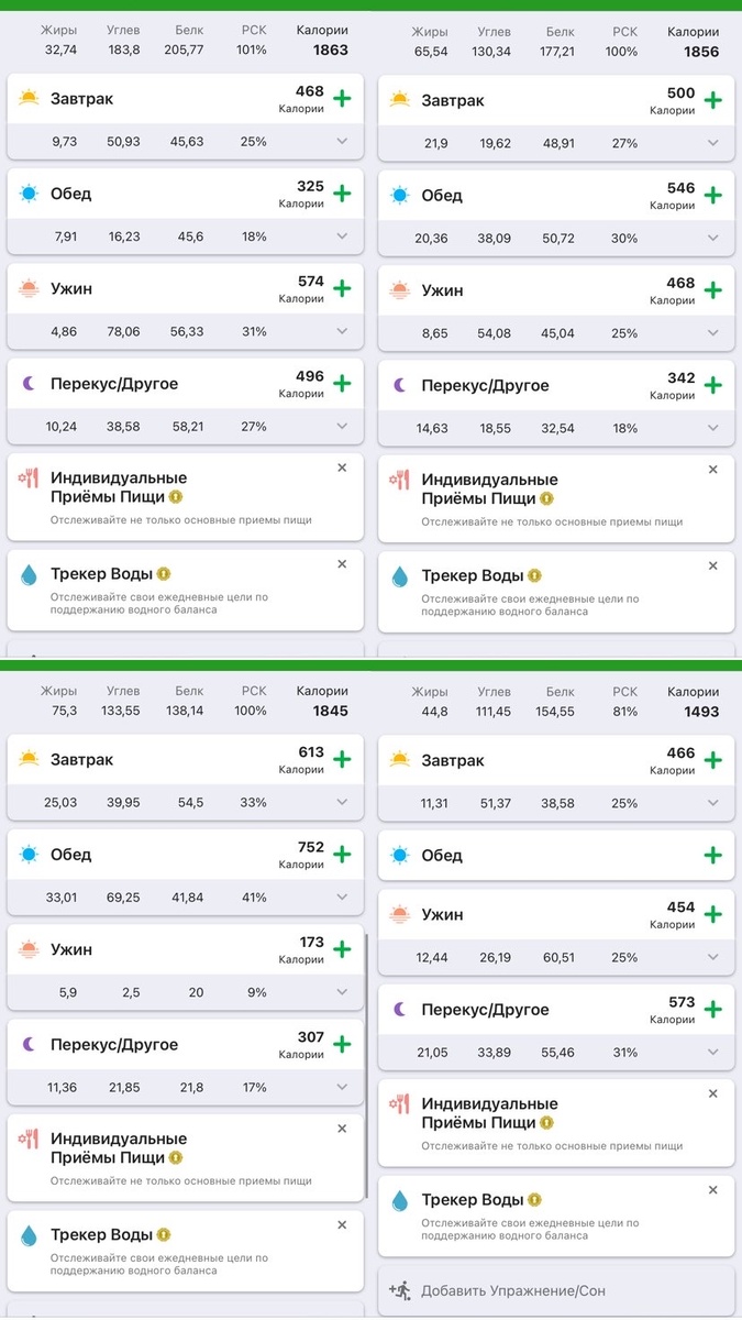 На последнем скрине мой вчерашний день. Провела день дома в предболезненном состоянии, поэтому калорийность за день меньше стандартной