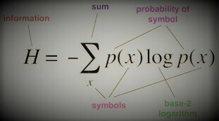 Формула Клода Шеннона H(x) — энтропия, мера неопределённости, связанная с установленной переменной X.  P(x) — вероятность вывода x в переменной X.  log(1/p(x)) по основанию 2 — количество битов, необходимое для расшифровки вывода x переменной X.  H(x) определяется в битах.