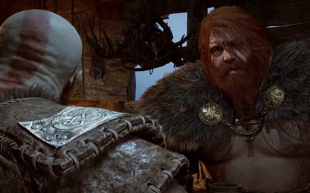 Эпичное противостояние Кратоса и Тора началось с распития меда. Кадр из игры 