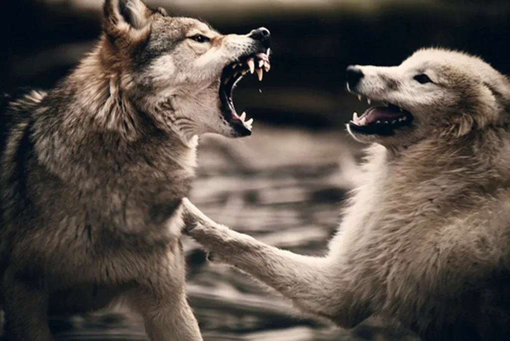 Волк с другим животным. Волки скалятся друг на друга. Волк скалится.